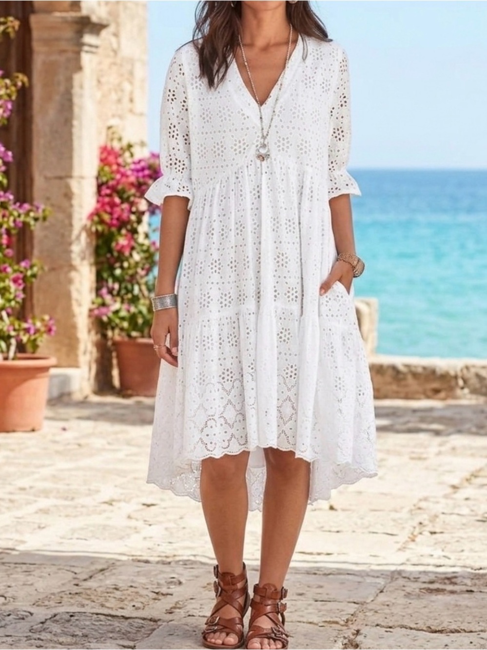 Sundance White Eyelet V-Neck High-Low Midi Dress